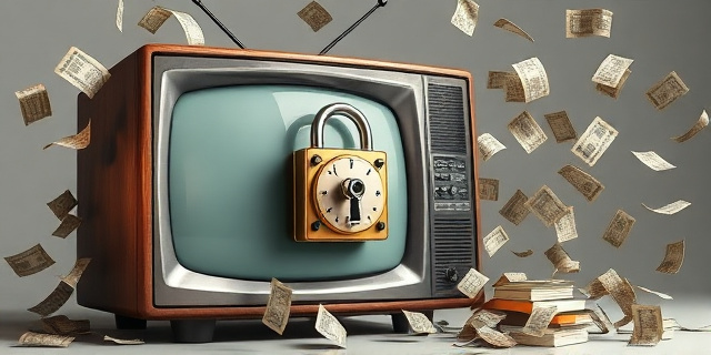 Una ilustración conceptual y satírica. Un televisor antiguo de madera donde la pantalla es una caja fuerte cerrada con un candado gigante. Alrededor del televisor, hay cientos de tickets de hotel y billetes de tren arrugados volando como hojas secas. Estilo editorial de periódico, colores sobrios con un toque de ironía visual, fondo gris neutro.