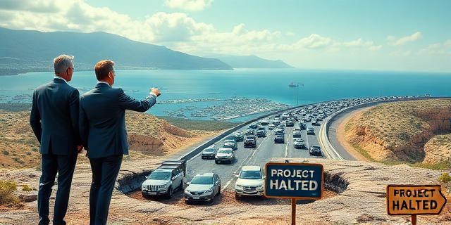Una ilustración satírica de una carretera infinita y colapsada en una isla mediterránea. En primer plano, dos políticos vestidos de traje discutiendo acaloradamente mientras señalan el tráfico, ignorando que ambos están parados sobre un agujero enorme en el asfalto con un cartel que dice 