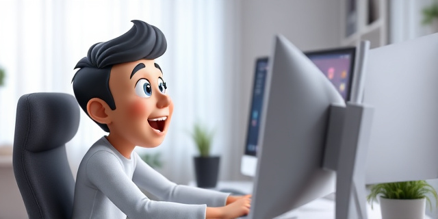 Una persona sentada frente a una computadora, con una expresión de sorpresa y satisfacción al leer un correo electrónico en la pantalla