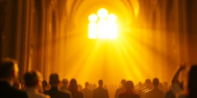 Una composición abstracta que evoque una iglesia gótica iluminada por una luz dorada. Siluetas de figuras humanas difuminadas, representando a una multitud en oración. Un halo de luz se enfoca en un punto central, simbolizando la fe y la controversia. Colores cálidos y fríos contrastados para transmitir la dualidad de la situación. Estilo pictórico, similar a una obra de El Greco, con pinceladas expresivas y un ambiente místico.
