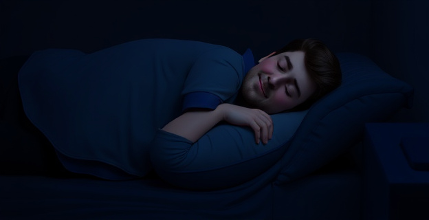 Una persona durmiendo de lado con una almohada ergonómica entre las rodillas, en una habitación oscura y tranquila, con una expresión de relajación en el rostro.