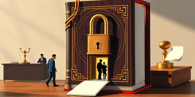 Una ilustración conceptual y satírica. Un gran libro de leyes antiguo y pesado con un candado dorado, pero que tiene una pequeña puerta trasera secreta abierta por donde pasan siluetas humanas. Al fondo, un despacho gubernamental minimalista con sombras alargadas y un sello administrativo gigante golpeando un papel. Estilo editorial de revista política, colores sobrios con un toque de rojo crítico.