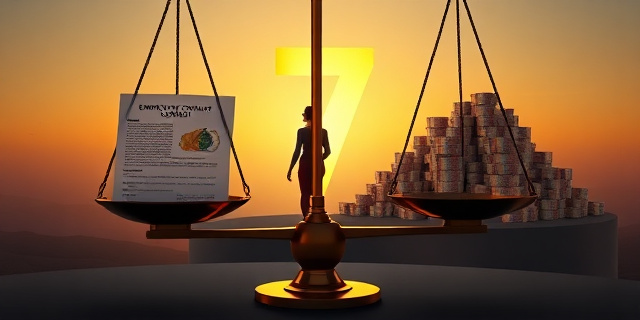 Una ilustración conceptual y satírica que muestre una balanza gigante de justicia. En un plato, un contrato de trabajo con el logo de una televisión pública; en el otro, una montaña de billetes de euros. Al fondo, una silueta elegante de una mujer caminando hacia un horizonte donde brilla un número siete dorado, estilo editorial de revista financiera, colores sobrios y luz dramática.