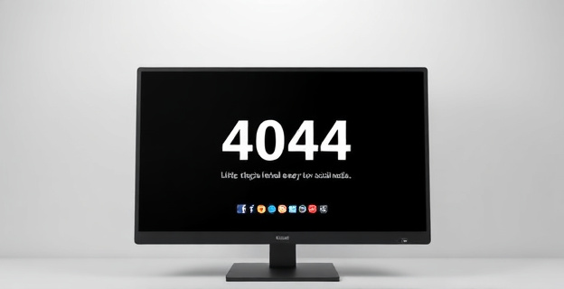 Una pantalla de ordenador mostrando un error 404 con un fondo minimalista y enlaces a redes sociales en varios colores y logos reconocibles.