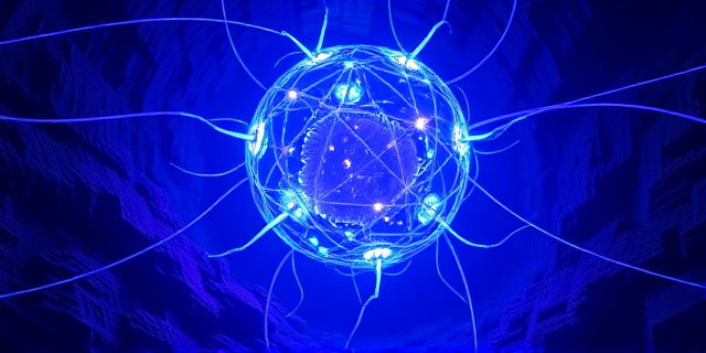 Representación abstracta de una esfera luminosa, compuesta por filamentos interconectados, emergiendo de una superficie texturizada y oscura. Colores predominantes: azul eléctrico, violeta profundo y blanco iridiscente. Estilo: ciencia ficción orgánica, con elementos que sugieren crecimiento y complejidad.