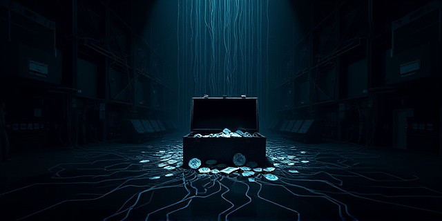 Una imagen conceptual que represente una sede de gobierno oscura y laberíntica, con cables y conexiones de red intrincadas que se asemejan a raíces de árboles. En el centro, un cofre del tesoro roto, revelando un flujo de datos binarios y monedas virtuales dispersas. Iluminación tenue y contrastada, con sombras alargadas que sugieren misterio y corrupción. Estilo: Neo-noir, con toques de ciberpunk.