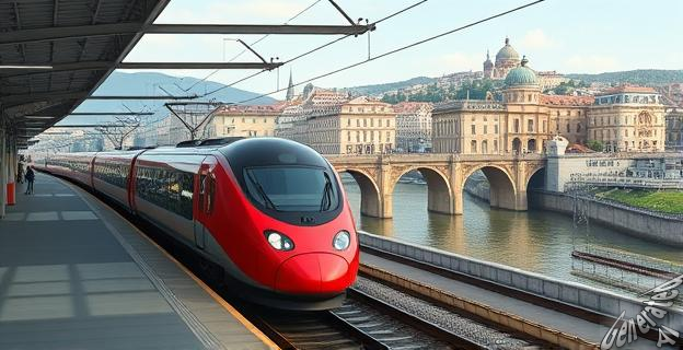 Un tren AVE en la estación de Ourense, con el viaducto ferroviario sobre el río Miño al fondo. La ciudad al fondo con edificios históricos.