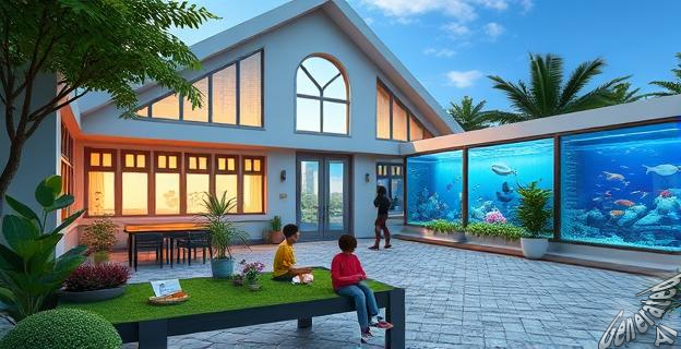 Un edificio de un ministerio con un jardín y un acuario para los hijos de los empleados.