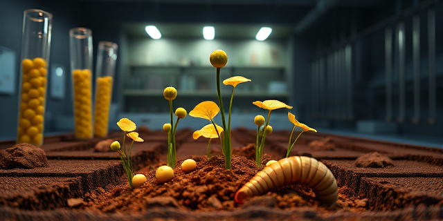 Un laboratorio de cultivo con una placa de garbanzos creciendo en suelo lunar artificial, rodeado de tubos de ensayo y luces que resaltan la textura rocosas y el brillo microscópico del hongo, con un gusano de tierra estilizado sobre el suelo.