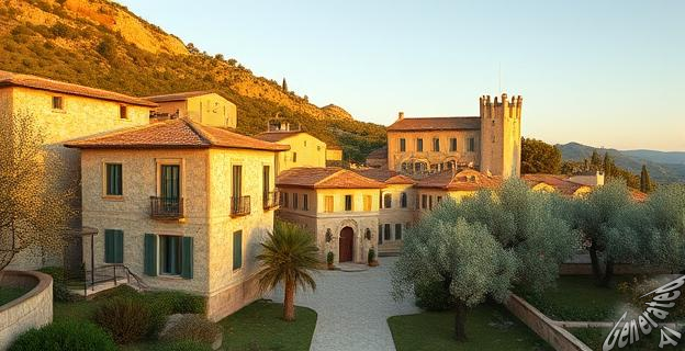 Un paisaje sereno de un pequeño pueblo mallorquín con fachadas de piedra dorada y olivos centenarios, con una mansión grande al fondo.