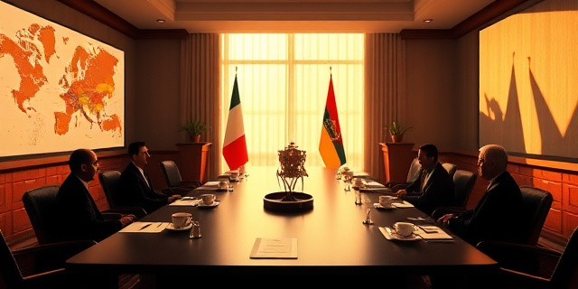 Una sala de juntas internacional iluminada por la luz tenue de la tarde, con mapas de Europa y Oriente Medio colgados al fondo, banderas del G7 ondeando suavemente, y una mesa de madera oscura sobre la que reposan documentos y tazas de café; la atmósfera es tensa pero controlada, sin rostros específicos, solo siluetas y sombras que sugieren figuras diplomáticas.