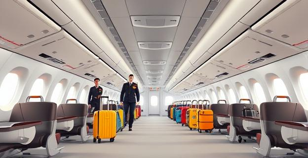 Imagen de una cabina de avión con uniformes de diferentes aerolíneas españolas, mostrando una variedad de maletas y equipaje en un fondo neutro.