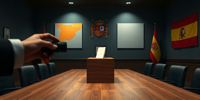 Una sala de conferencias tenue, con una urna de votación sobre un escritorio de madera. Una cámara de mano apunta a la urna mientras un mapa de Andalucía y banderas del PSOE se ven en las paredes. Se percibe tensión y un ambiente de conspiración política sin rostros identificables.