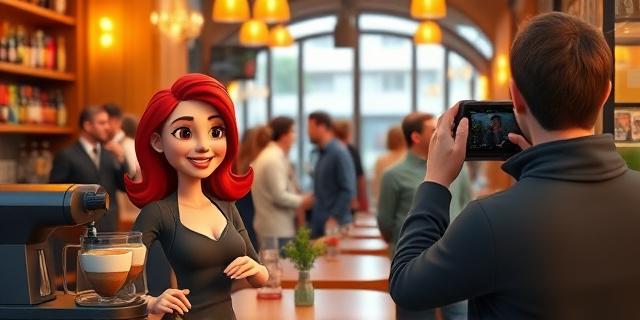 Una escena de una cafetería en Madrid, con un barista sirviendo café, una mujer rubia de rojo con una sonrisa audaz, y un hombre con un smartphone grabando una confrontación. La atmósfera es vibrante, con luces cálidas y el sonido de fondo de una conversación animada.