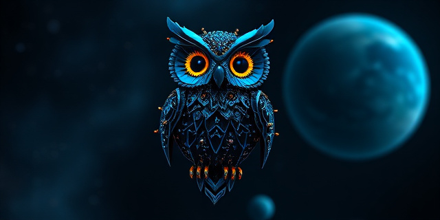 Una representación artística de un búho estilizado hecho de circuitos electrónicos y constelaciones estelares, flotando en la oscuridad del espacio. Fondo con nebulosas y un planeta azul difuminado. Estilo cyberpunk y minimalista. Colores predominantes: azul eléctrico, negro intenso y toques dorados.