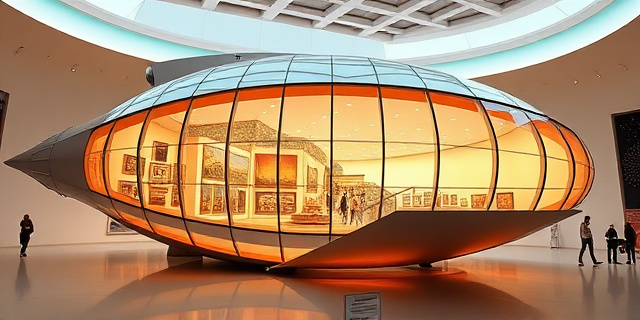 Un museo futurista en forma de nave espacial, con gran ventanales que dejan ver un interior de galerías luminosas. Dentro, obras de pinturas clásicas, murales coloridos de Rivera y Baca, fotografías en blanco y negro de Capa y Parks, y figuras de personajes de cómics en tonos vibrantes, todo bajo una iluminación que recuerda a una galería de arte contemporáneo.
