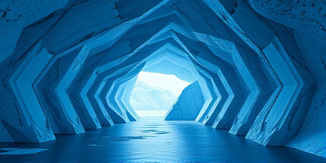 Representación artística abstracta de una vasta estructura subterránea bajo un glaciar antártico. Tonos fríos de azul y blanco predominantes, con líneas geométricas que sugieren la complejidad de la estructura. Uso de texturas que evocan hielo, roca y agua. Estilo pictórico, similar a una acuarela digital.