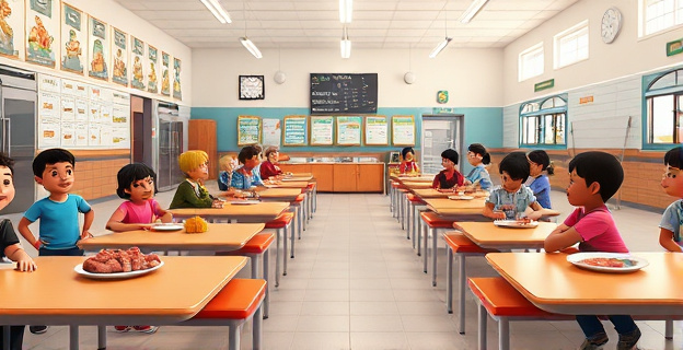 Imagen de un comedor escolar con diferentes opciones de menú, incluyendo carne halal y sin cerdo, en un ambiente de diversidad cultural