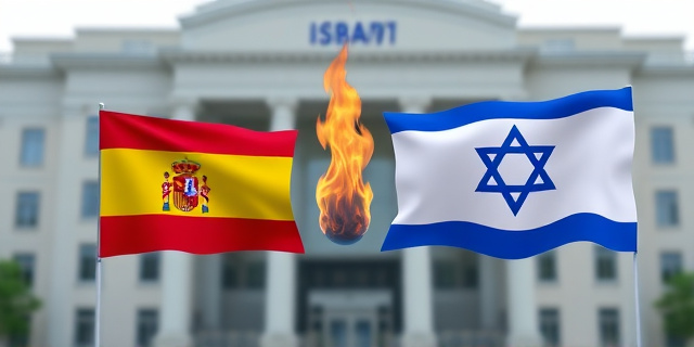 Escena urbana en noche de verano, una enorme figura de cartón de 7 metros de altura encendida con fuego y chispas sobre un patio típico de un pueblo español. Alrededor, residentes con expresiones de asombro y debate, el cielo crepuscular se vuelve de color naranja. Banners colgados de los muros con frases como ‘No a la guerra’ y ‘Alto al genocidio’ se mecen con la brisa.