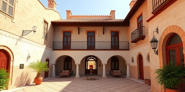 Una mansión de estilo andalusí con un gran patio cubierto y habitaciones luminosas, rodeada de calles estrechas y sinuosas de la medina de Tánger.