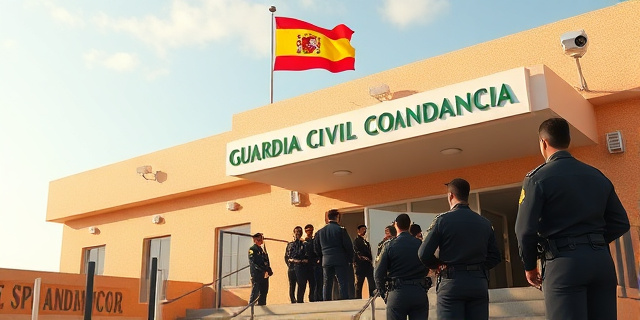 Una imagen de una Comandancia de la Guardia Civil en Melilla con una bandera de España ondeando en el tejado, mientras un grupo de agentes en uniforme están reunidos en la entrada, con una cámara de vigilancia en el fondo.