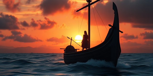 Una escena épica de un barco vikingo al atardecer, con una figura femenina en el puente, una lanza y un escudo, rodeada de nubes oscuras y un horizonte de montañas. La composición transmite la mezcla de valentía y misterio sin mostrar rostros concretos.