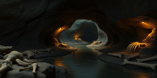 Interior de una cueva subterránea con un río lento, cientos de huesos y restos fosilizados, con luz tenue y una atmósfera misteriosa