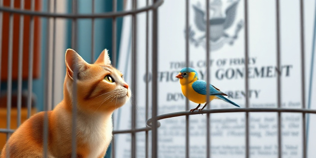 Una imagen de un gato mirando a un pájaro en una jaula, con un fondo de un documento oficial del Gobierno