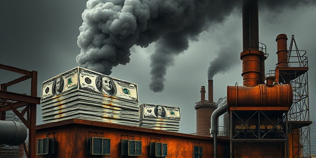 Una ilustración satírica y conceptual. Un enorme fajo de billetes de dólares siendo arrojado como combustible dentro de una caldera de carbón oxidada y antigua. De la chimenea de la fábrica sale un humo denso y gris que forma la silueta de un signo de interrogación. Estilo editorial de revista, colores contrastados, atmósfera industrial decadente.