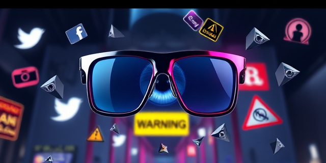 Una ilustración satírica y conceptual. Unas gafas inteligentes modernas y brillantes flotando en el centro, pero a través de los cristales se ve un ojo voyerista y oscuro. Alrededor de las gafas, iconos de redes sociales fragmentados y señales de advertencia de privacidad rotas. Estilo arte digital cínico, colores neón contrastados con sombras profundas, atmósfera de vigilancia urbana.