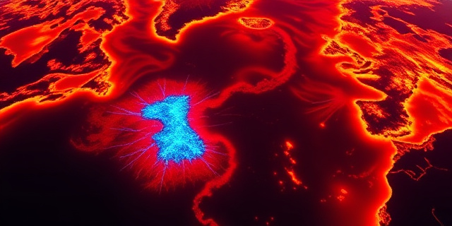 Una representación artística y conceptual de un mapa del Océano Atlántico donde una zona específica al sureste de Groenlandia brilla en un azul gélido y profundo, contrastando con un resto del océano en tonos naranjas y rojos ardientes. Estilo de infografía cinematográfica, con corrientes marinas representadas como venas eléctricas que se desvanecen en la zona fría, atmósfera de tensión climática, hiperdetallado.