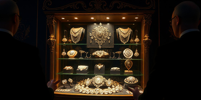 Una vitrina antigua y lujosa, iluminada tenuemente, llena de joyas deslumbrantes. Alrededor de la vitrina, sombras que sugieren figuras humanas, pero sin mostrar rostros. El ambiente debe ser opulento, pero con un toque de misterio y desconfianza. Estilo barroco, colores ricos y oscuros, con reflejos brillantes en las joyas.