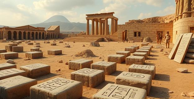 Una excavación arqueológica en un yacimiento antiguo con tablillas cuneiformes desenterradas y estructuras monumentales al fondo