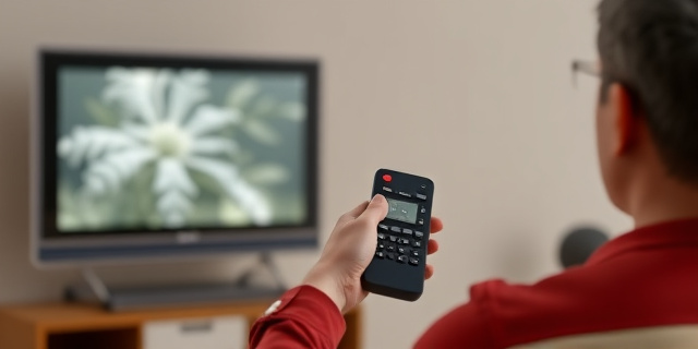 Un hombre con un mando de televisión, mirando una pantalla con un canal de televisión con baja calidad de imagen