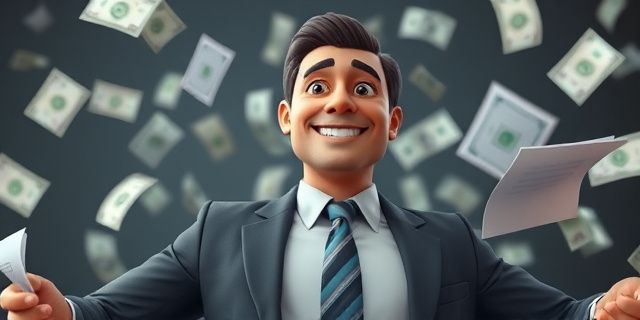 Una imagen de una persona con un traje y corbata, rodeada de dinero y documentos, con una sonrisa en la cara