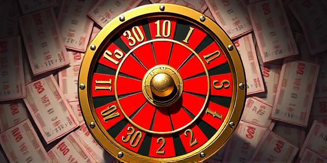 Una imagen de una ruleta de la suerte con un fondo de billetes de lotería y una sombra de duda en el centro