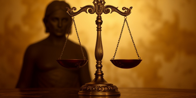 Una balanza de la justicia antigua, con una sombra amenazante proyectándose sobre un lado. Tonos sepia y dorados. Estilo barroco, con detalles intrincados. Sin rostros ni figuras humanas reconocibles.