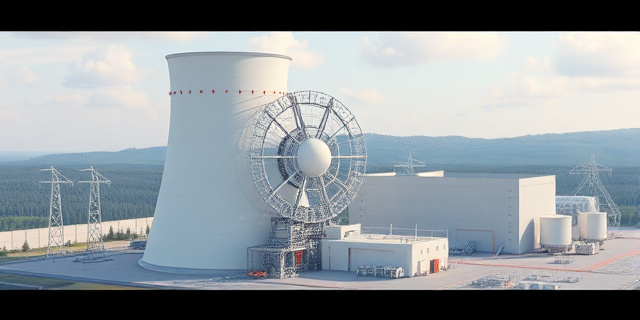 Una imagen de una central nuclear con una gran turbina y un reactor en el fondo, con un paisaje natural en la distancia.