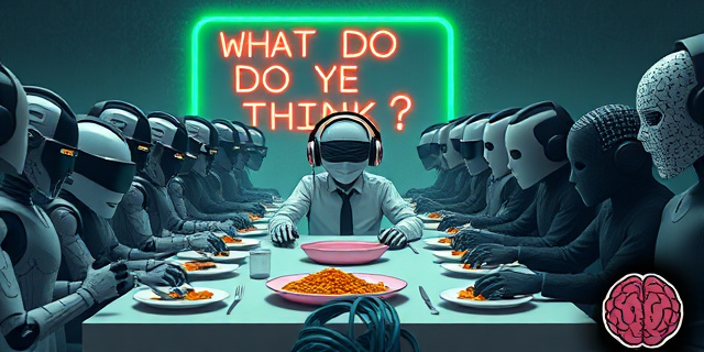 
  Una ilustración surrealista de un grupo de WhatsApp representado como una mesa de restaurante abarrotada. En el centro, una figura con auriculares y los ojos vendados (símbolo de la persona que lee pero no responde) rodeada de platos de comida (mensajes) que nadie toca. Algunos comensales son robots con rostros de perfil de Instagram, otros son sombras con máscaras de teatro (narcisistas), y al fondo, un cartel de neón que dice 