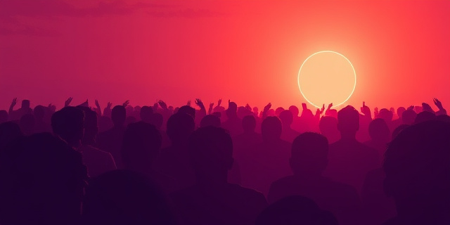 Una silueta oscura de una persona observando un eclipse solar. La silueta está rodeada por una serie de manchas de color púrpura que representan los puntos violeta. El cielo está lleno de estrellas y nebulosas. Estilo artístico: surrealista, con colores vibrantes y contrastantes. Iluminación dramática que resalta la silueta y los puntos violeta.