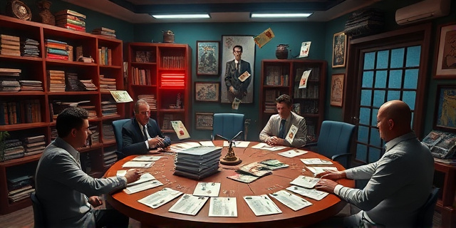 Una escena de oficina con estanterías llenas de cómics, papeles con cifras y billetes flotando alrededor de una mesa redonda donde un jurado debate con gestos exagerados, todo ello iluminado por luces de neón que recuerdan a los carteles de una tienda de cómics clandestina; la atmósfera es tensa y levemente caótica, con sombras que sugieren conspiración.