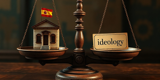 Una balanza antigua y oxidada. En un plato, una casa en miniatura con una bandera española. En el otro, una etiqueta con la palabra 
