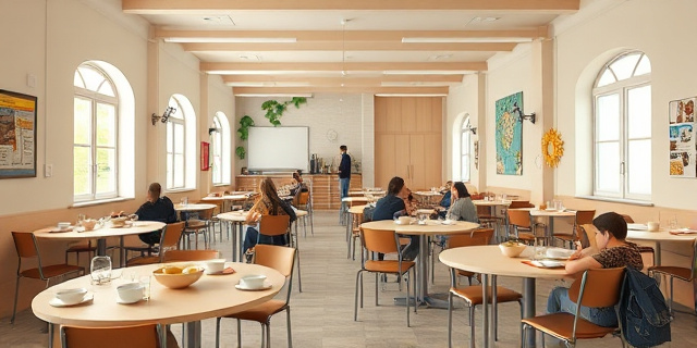 Un comedor escolar renovado con mesas redondas y vajilla de cerámica, donde los estudiantes se sirven ellos mismos mientras conversan en catalán.