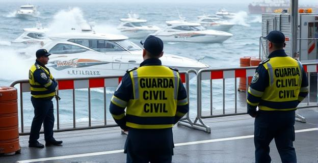 Imagen de un puerto cerrado con barreras y agentes de la Guardia Civil vigilando, mientras al fondo se ven lanchas de alta velocidad en el mar agitado por un fuerte temporal