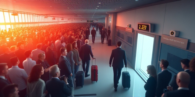 Una imagen conceptual que represente un aeropuerto bullicioso con una cola larga y desordenada, pero con una puerta lateral iluminada y un camino despejado para unas pocas maletas que son escoltadas por figuras sombrías. El estilo debe ser realista con un toque de crítica social y una paleta de colores contrastantes que refleje la injusticia. El enfoque debe ser en la disparidad entre los viajeros comunes y los privilegiados.