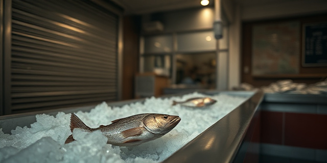 Una imagen cinematográfica y melancólica de un mercado de pescado abandonado. Primer plano de un mostrador de acero inoxidable lleno de hielo picado con unos pocos pescados solitarios. Al fondo, persianas metálicas cerradas y luz tenue, atmósfera de vacío y crisis económica, estilo fotoperiodismo dramático.