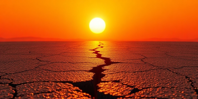 Una representación abstracta de una grieta en el asfalto bajo un sol abrasador, con colores cálidos y texturas agrietadas. El cielo debe ser de un naranja intenso y amenazante. Sin figuras humanas.