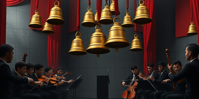 Una composición abstracta que evoca una orquesta sinfónica distorsionada, con campanas rusas suspendidas en el aire. Los colores predominantes son el rojo oscuro, el dorado y el gris plomo, transmitiendo una sensación de opresión y artificio. Estilo pictórico que recuerda al surrealismo constructivista.