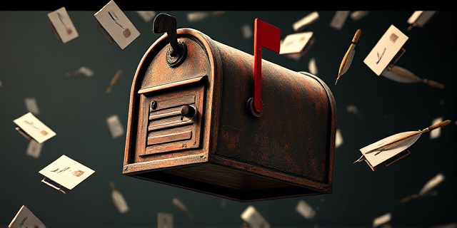 Una ilustración conceptual de un buzón de correos antiguo y oxidado flotando en un espacio digital surrealista, rodeado de documentos de identidad volando y plumas de escribir estilizadas, estilo editorial moderno con colores contrastados y sombras dramáticas.