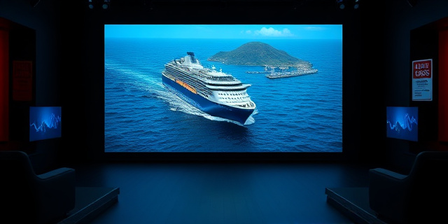 Un estudio de televisión con una pantalla gigante que muestra un barco crucero de un azul oscuro, flotando sobre aguas turbulentas. En el fondo, una gran isla canaria con el puerto de Granadilla de Abona y señal de alerta de crisis sanitaria, sin rostro humano visible, solo sombras y luces dramáticas que sugieren tensión política y miedo.